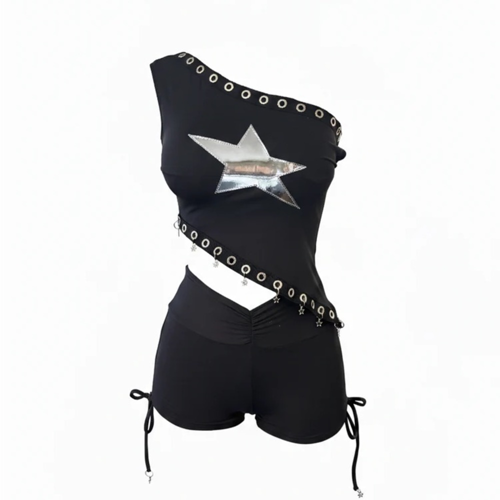 Tasteful Girls Two-Piece Rave Set - Off Shoulder Top + Ruched Shorts